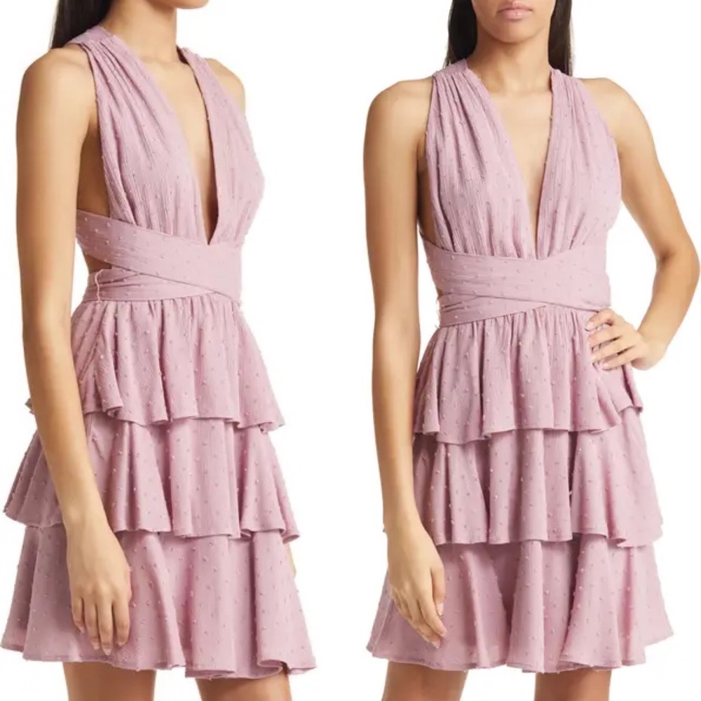NWT Lulu’s All About Bliss Swiss Dot Tiered Halter Mini Dress Mauve XL - Picture 2 of 16